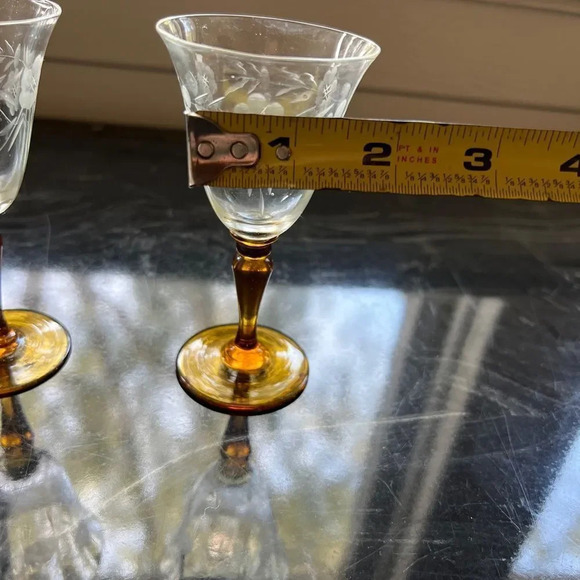 Vintage Tiffin Cordial Liquor Glasses Etched Amber Stems 4.5” Set Of 2 - Picture 6 of 8